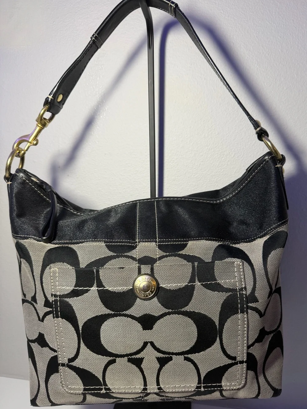 Coach Black and Gray Signature Canvas Shoulder Bag